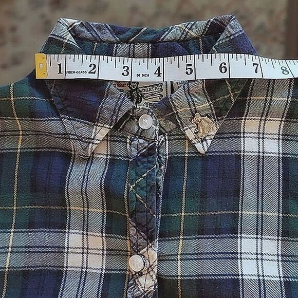 Vtg Toonie Woonie blue/green plaid cotton flannel button-down - Picture 3 of 11